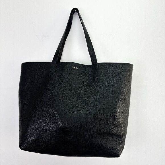 Cuyana Handbags - Cuyana Classic Structured Black Italian Pebbled Leather SFM Monogrammed Tote